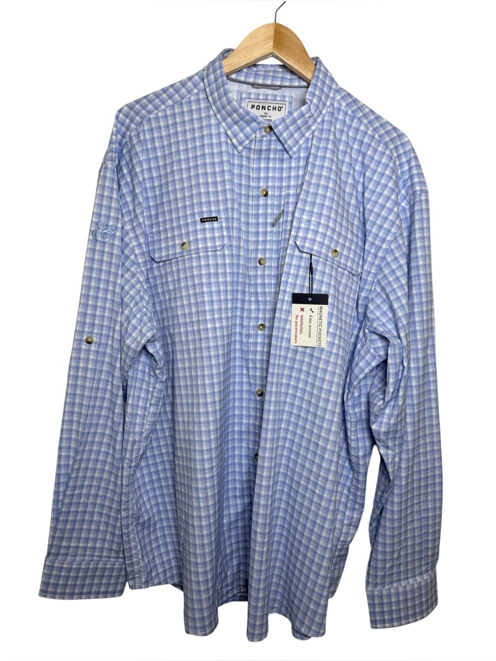 NWT Poncho Mens XXL Blue Plaid Fishing Shirt Long Sleeve Vented Stretch Outdoors - Picture 2 of 11